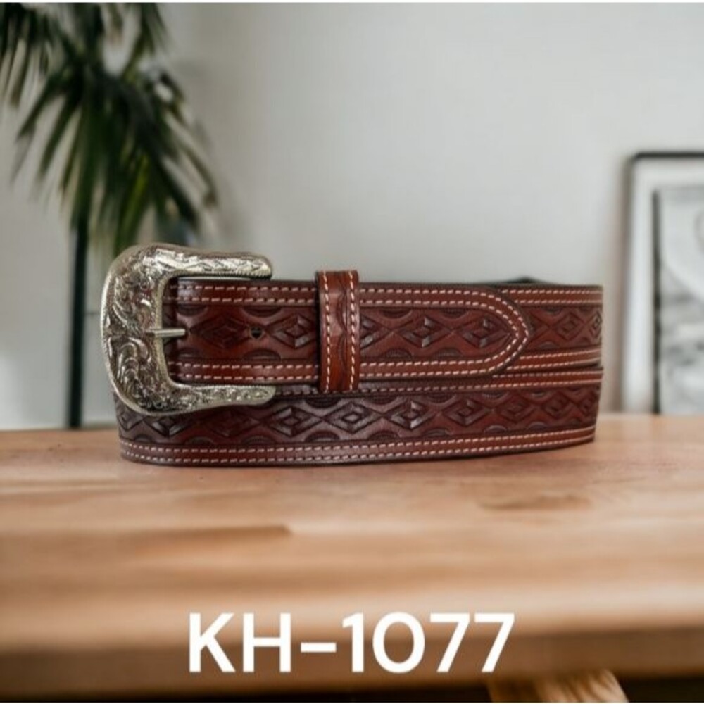 Ranger Belt Co KH-1077 Western Belt Tooled Leather Cognac Removable Buckle 32